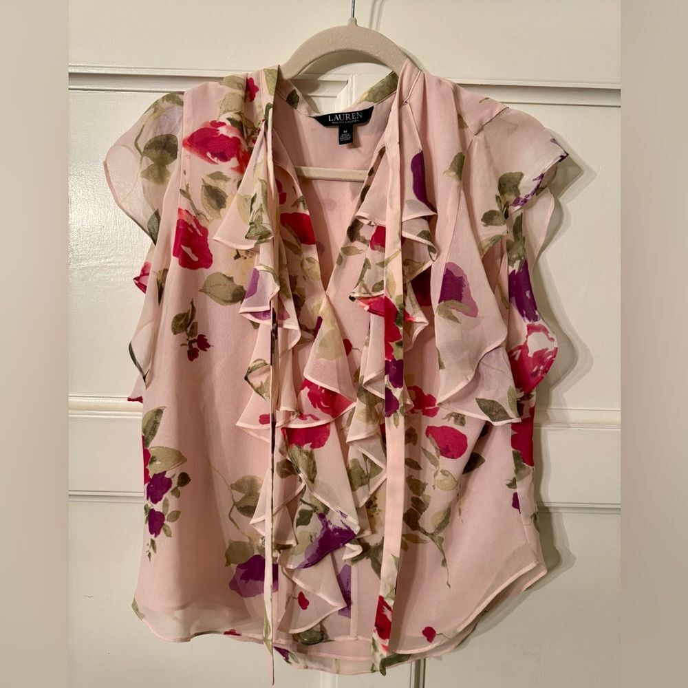 Lauren Ralph Lauren Pink Ruffle Tie Neck Blouse M Floral Chiffon Top